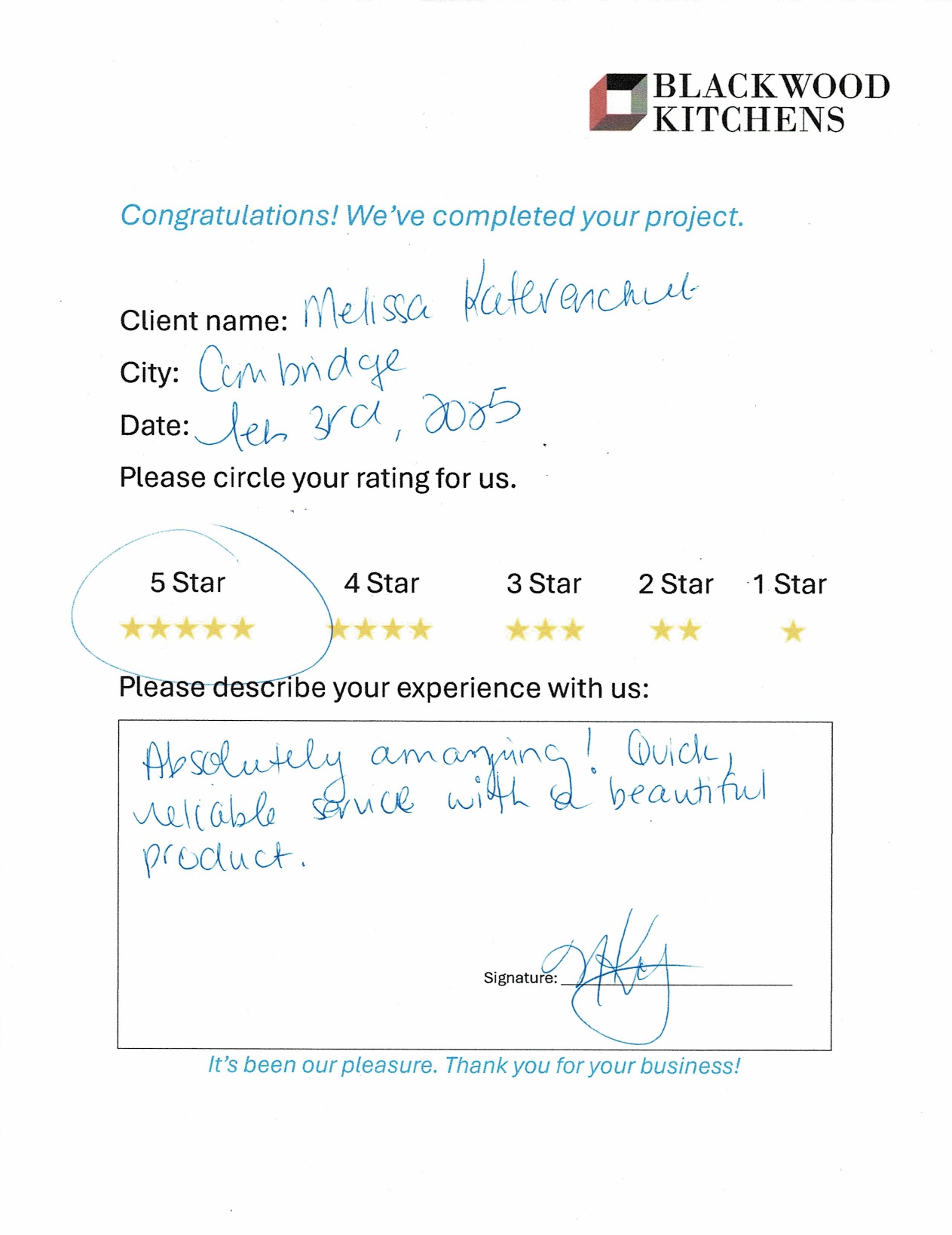 Written review from Melissa — Blackwood Kitchens customer