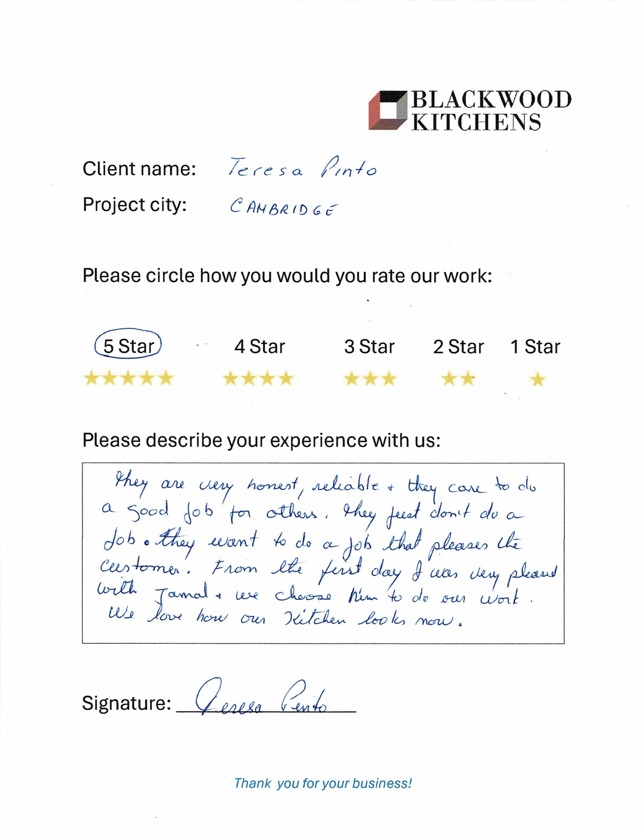 Written review from Teresa — Blackwood Kitchens customer